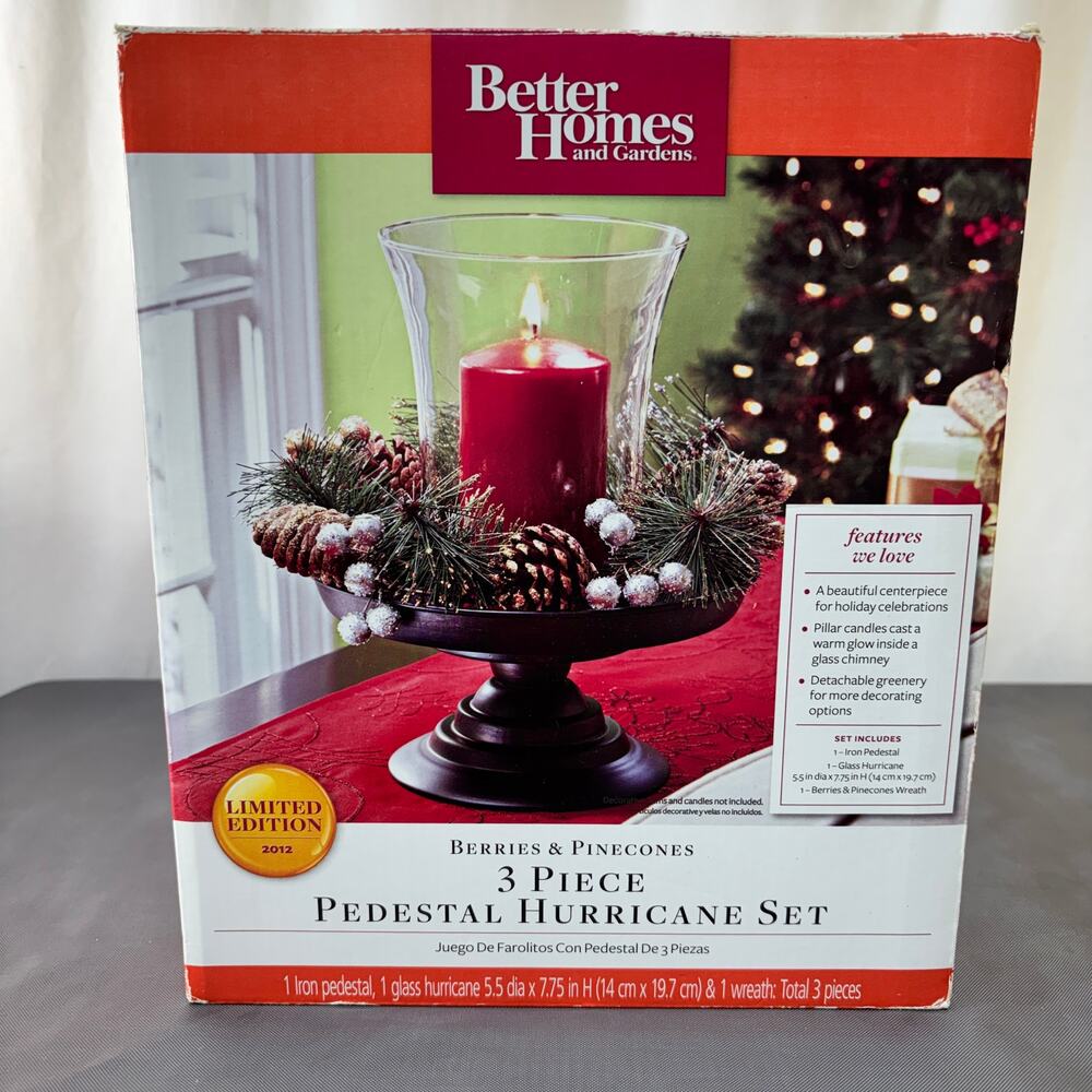 Holiday Centerpiece 3 Piece Pedestal Hurricane Stand Faux Greenery BHG EUC Boxed